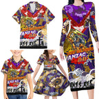 Personalised Storm ANZAC Day Family Matching Long Sleeve Bodycon Dress and Hawaiian Shirt Aboriginal Rising Sun