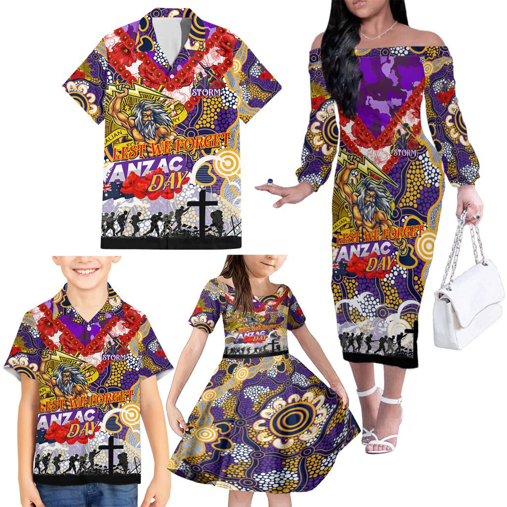 Personalised Storm ANZAC Day Family Matching Off The Shoulder Long Sleeve Dress and Hawaiian Shirt Aboriginal Rising Sun