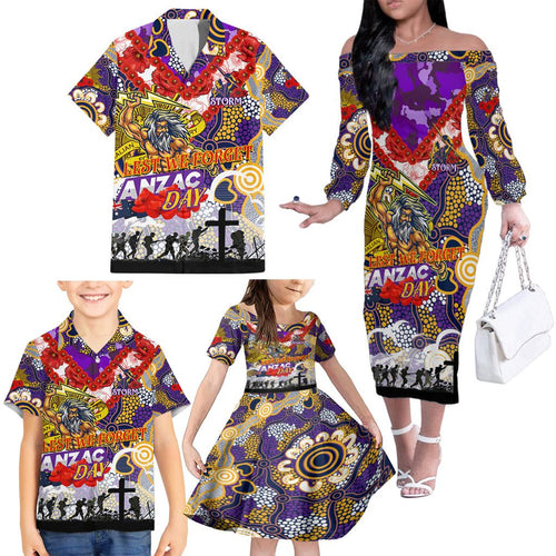 Personalised Storm ANZAC Day Family Matching Off The Shoulder Long Sleeve Dress and Hawaiian Shirt Aboriginal Rising Sun