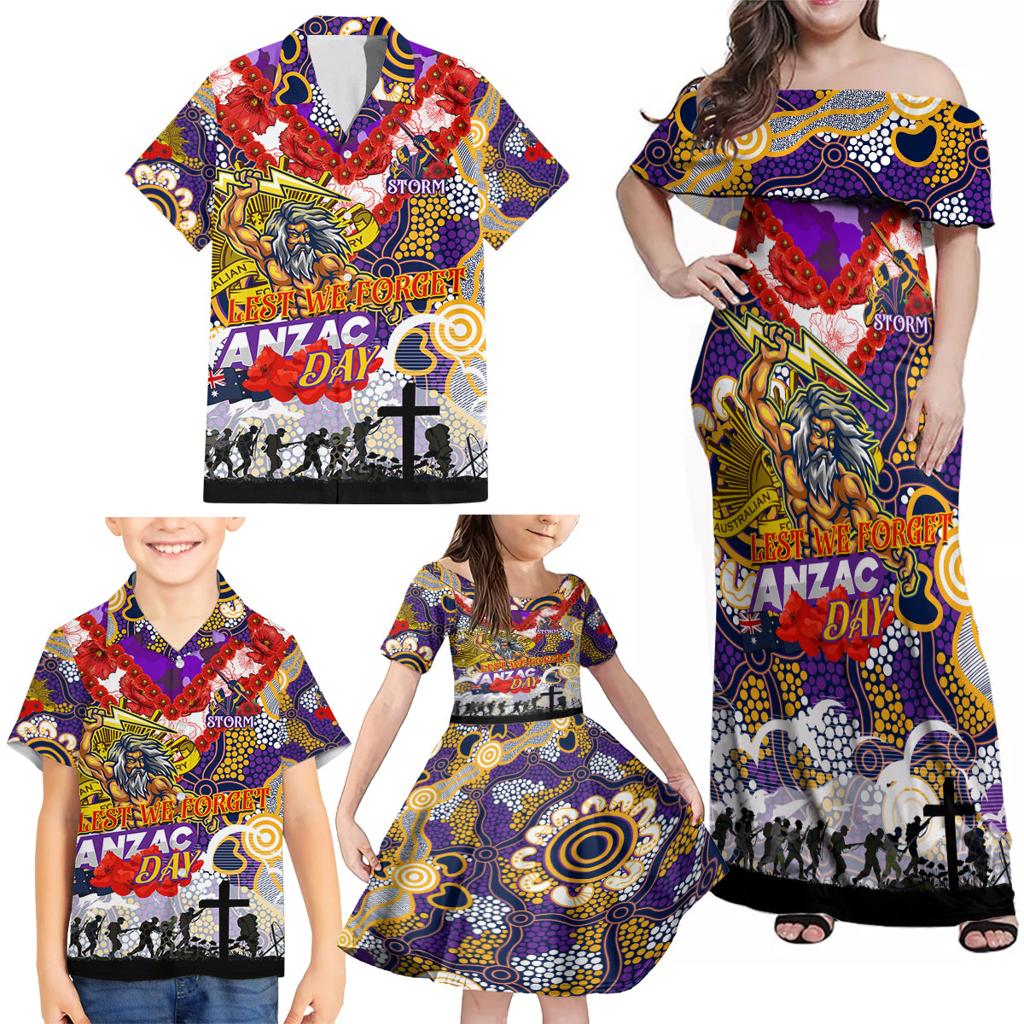 Personalised Storm ANZAC Day Family Matching Off Shoulder Maxi Dress and Hawaiian Shirt Aboriginal Rising Sun