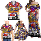 Personalised Storm ANZAC Day Family Matching Off Shoulder Maxi Dress and Hawaiian Shirt Aboriginal Rising Sun
