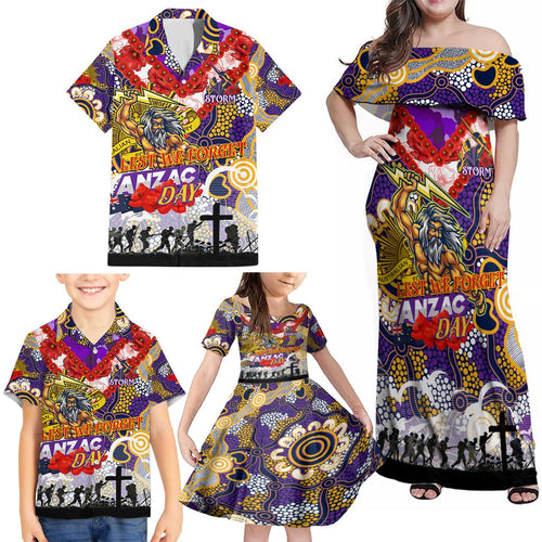 Personalised Storm ANZAC Day Family Matching Off Shoulder Maxi Dress and Hawaiian Shirt Aboriginal Rising Sun