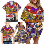Personalised Storm ANZAC Day Family Matching Off Shoulder Short Dress and Hawaiian Shirt Aboriginal Rising Sun