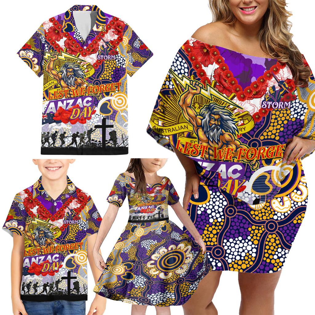 Personalised Storm ANZAC Day Family Matching Off Shoulder Short Dress and Hawaiian Shirt Aboriginal Rising Sun