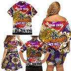 Personalised Storm ANZAC Day Family Matching Off Shoulder Short Dress and Hawaiian Shirt Aboriginal Rising Sun