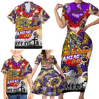 Personalised Storm ANZAC Day Family Matching Short Sleeve Bodycon Dress and Hawaiian Shirt Aboriginal Rising Sun