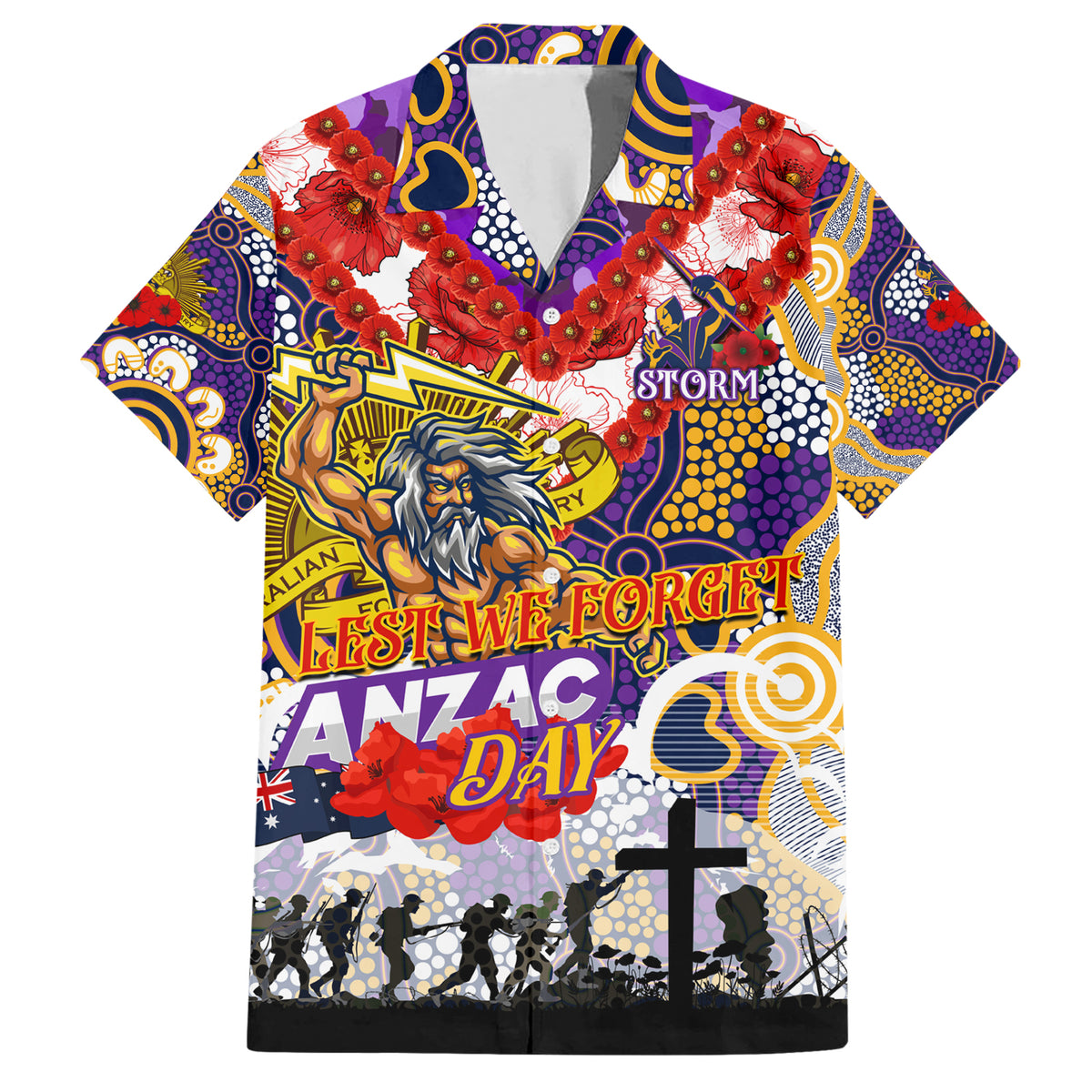 Personalised Storm ANZAC Day Hawaiian Shirt Aboriginal Rising Sun