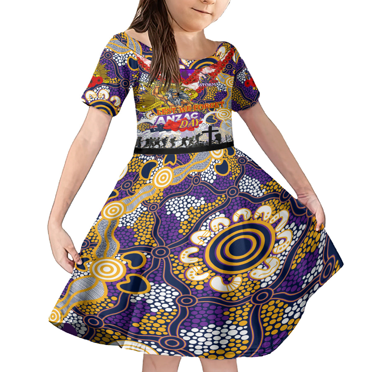 Personalised Storm ANZAC Day Kid Short Sleeve Dress Aboriginal Rising Sun