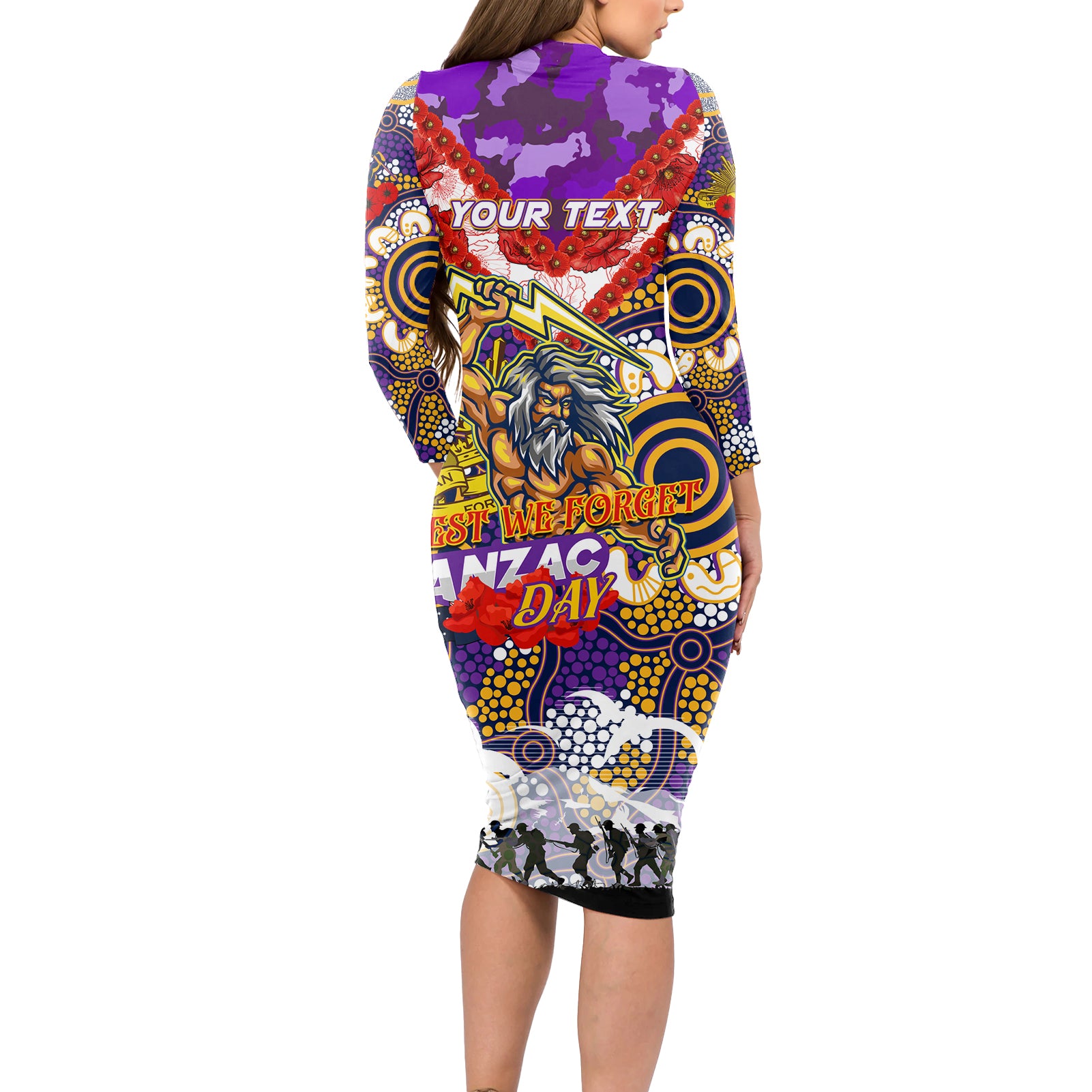 Personalised Storm ANZAC Day Long Sleeve Bodycon Dress Aboriginal Rising Sun