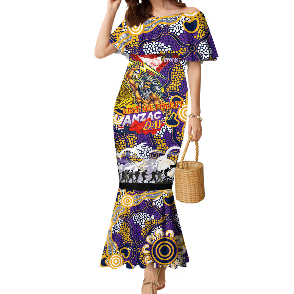 Personalised Storm ANZAC Day Mermaid Dress Aboriginal Rising Sun