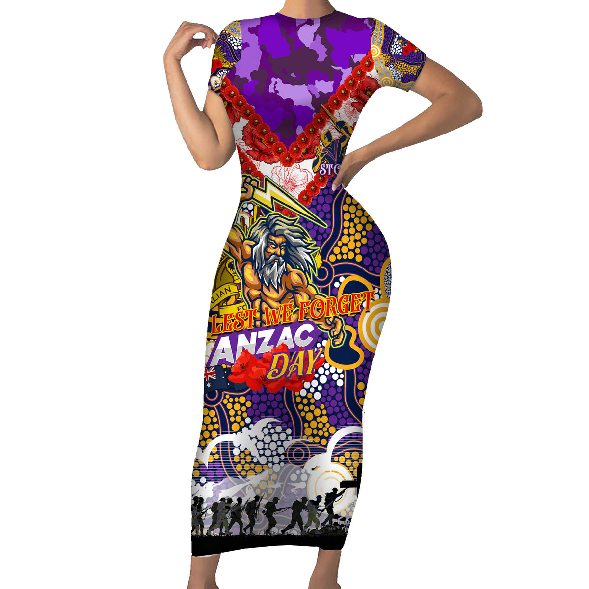 Personalised Storm ANZAC Day Short Sleeve Bodycon Dress Aboriginal Rising Sun