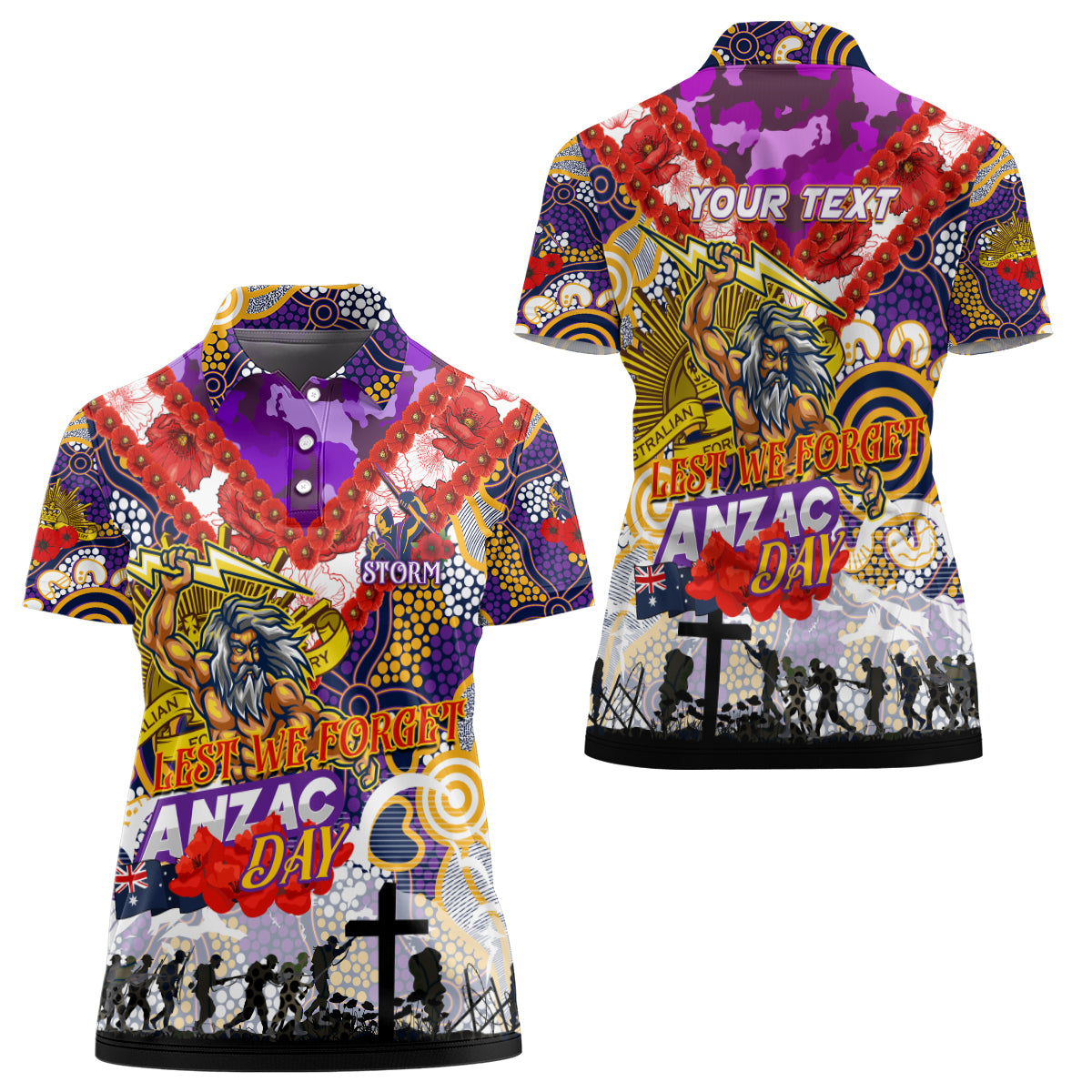 Personalised Storm ANZAC Day Women Polo Shirt Aboriginal Rising Sun