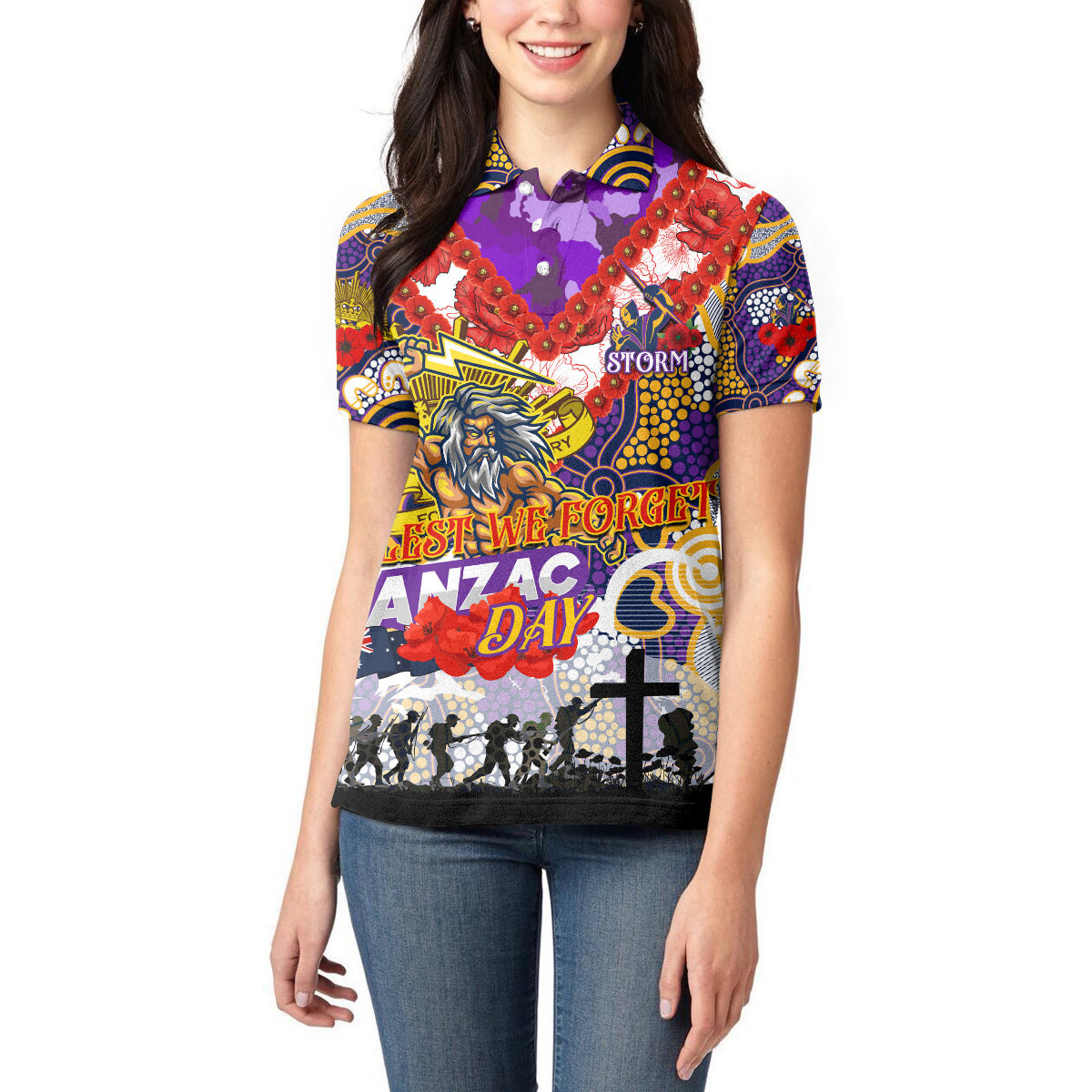 Personalised Storm ANZAC Day Women Polo Shirt Aboriginal Rising Sun
