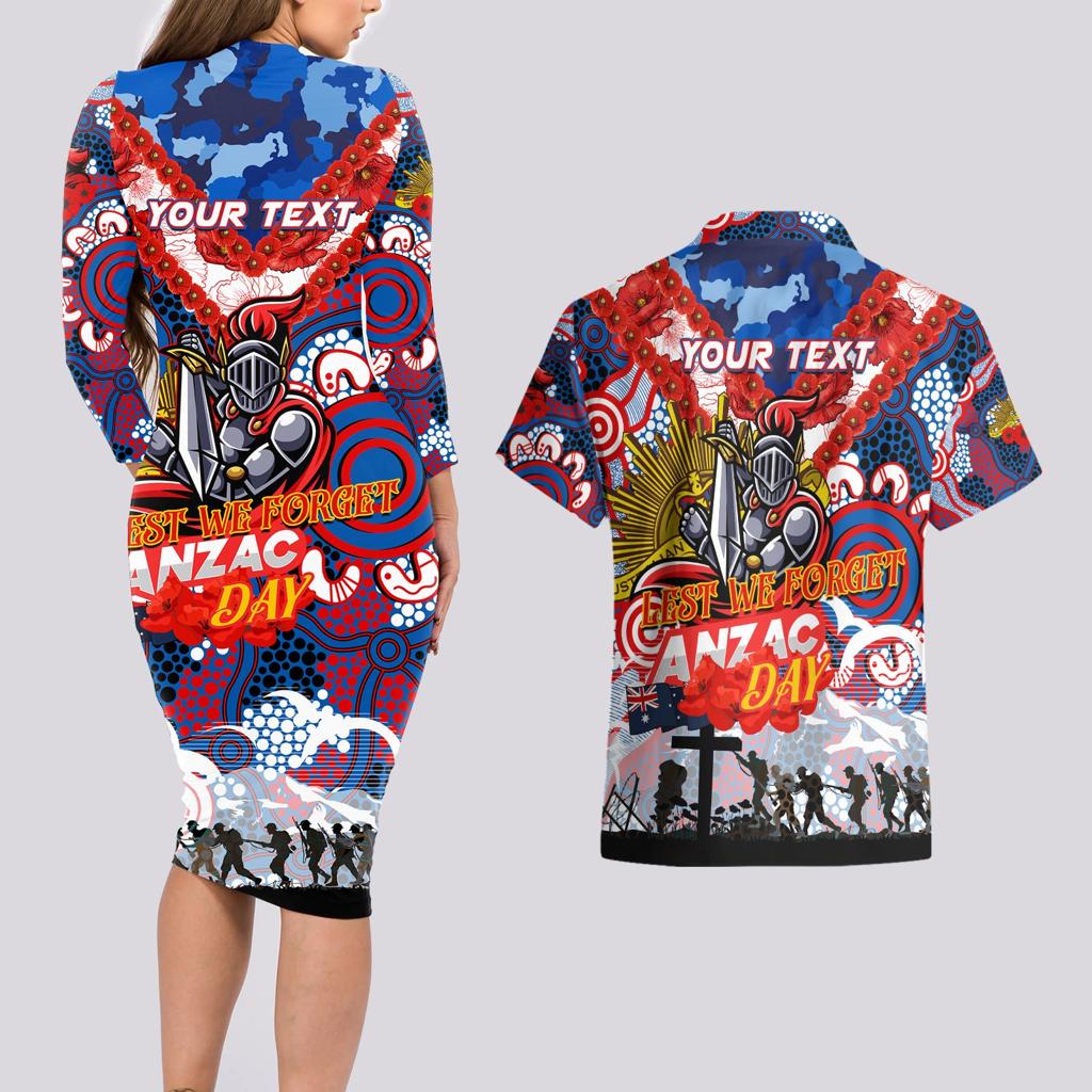 Personalised Knights ANZAC Day Couples Matching Long Sleeve Bodycon Dress and Hawaiian Shirt Aboriginal Rising Sun