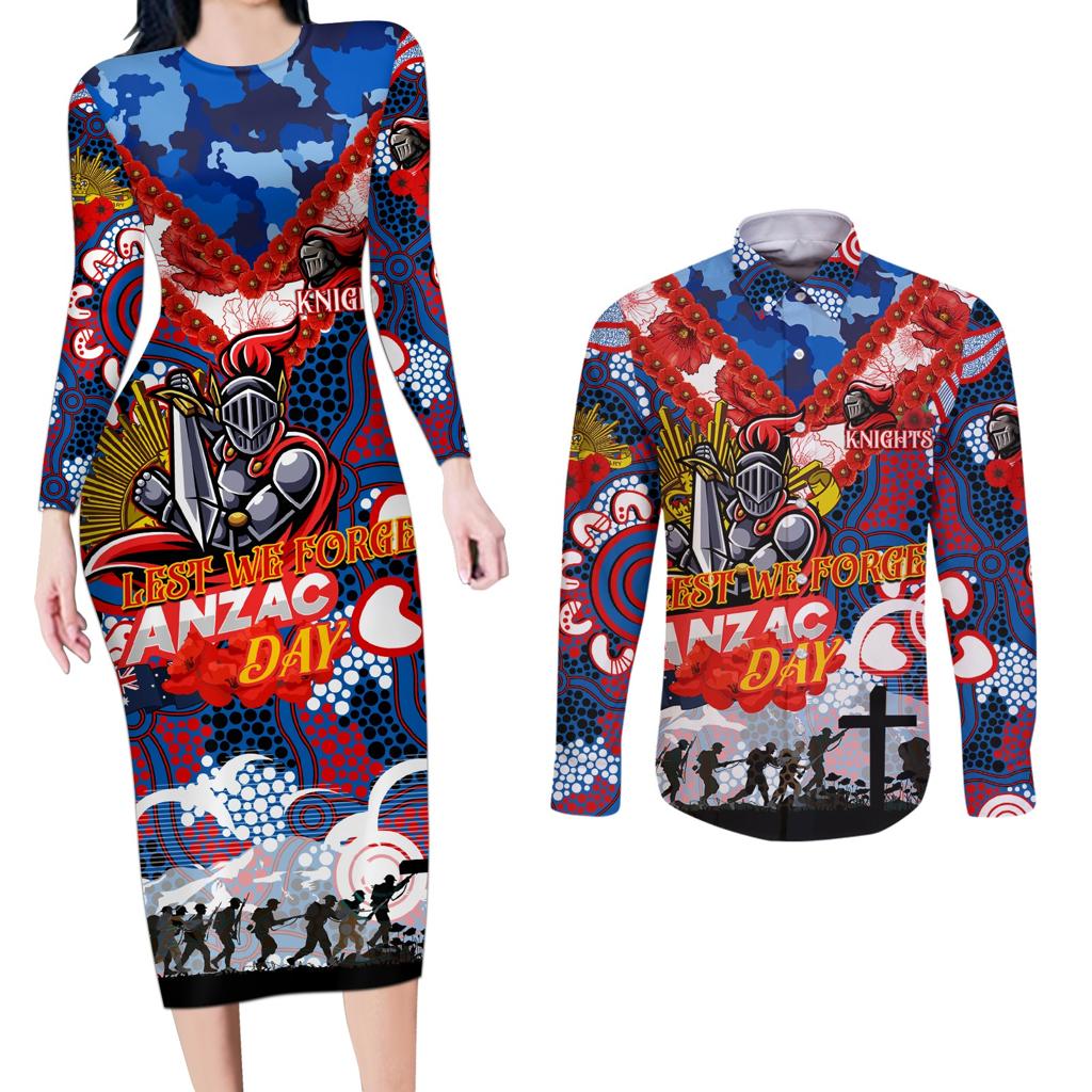 Personalised Knights ANZAC Day Couples Matching Long Sleeve Bodycon Dress and Long Sleeve Button Shirt Aboriginal Rising Sun