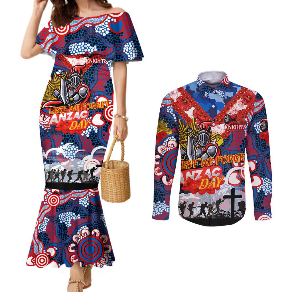 Personalised Knights ANZAC Day Couples Matching Mermaid Dress and Long Sleeve Button Shirt Aboriginal Rising Sun