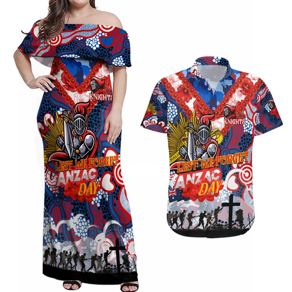 Personalised Knights ANZAC Day Couples Matching Off Shoulder Maxi Dress and Hawaiian Shirt Aboriginal Rising Sun