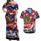 Personalised Knights ANZAC Day Couples Matching Off Shoulder Maxi Dress and Hawaiian Shirt Aboriginal Rising Sun