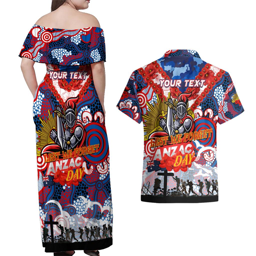 Personalised Knights ANZAC Day Couples Matching Off Shoulder Maxi Dress and Hawaiian Shirt Aboriginal Rising Sun