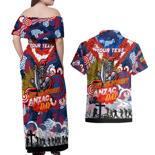 Personalised Knights ANZAC Day Couples Matching Off Shoulder Maxi Dress and Hawaiian Shirt Aboriginal Rising Sun