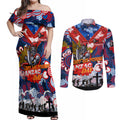Personalised Knights ANZAC Day Couples Matching Off Shoulder Maxi Dress and Long Sleeve Button Shirt Aboriginal Rising Sun