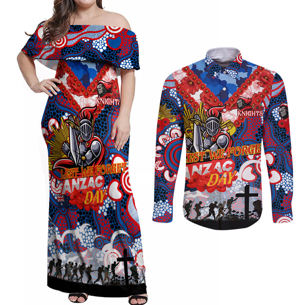 Personalised Knights ANZAC Day Couples Matching Off Shoulder Maxi Dress and Long Sleeve Button Shirt Aboriginal Rising Sun
