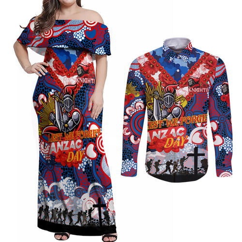 Personalised Knights ANZAC Day Couples Matching Off Shoulder Maxi Dress and Long Sleeve Button Shirt Aboriginal Rising Sun