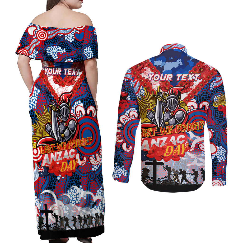 Personalised Knights ANZAC Day Couples Matching Off Shoulder Maxi Dress and Long Sleeve Button Shirt Aboriginal Rising Sun