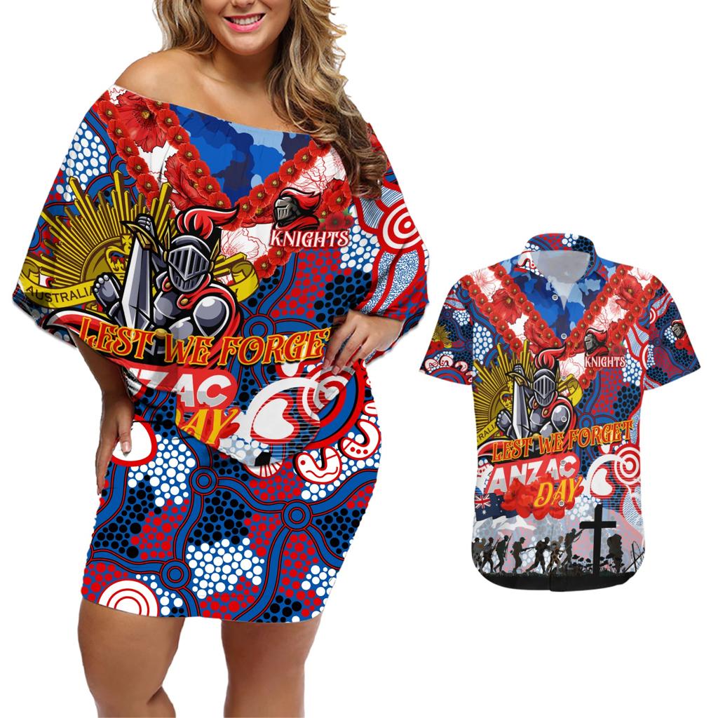 Personalised Knights ANZAC Day Couples Matching Off Shoulder Short Dress and Hawaiian Shirt Aboriginal Rising Sun