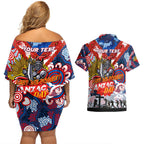 Personalised Knights ANZAC Day Couples Matching Off Shoulder Short Dress and Hawaiian Shirt Aboriginal Rising Sun