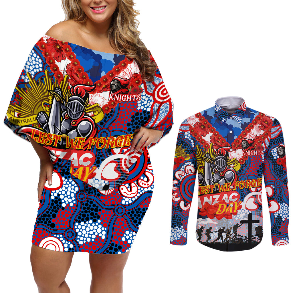 Personalised Knights ANZAC Day Couples Matching Off Shoulder Short Dress and Long Sleeve Button Shirt Aboriginal Rising Sun