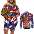 Personalised Knights ANZAC Day Couples Matching Off Shoulder Short Dress and Long Sleeve Button Shirt Aboriginal Rising Sun