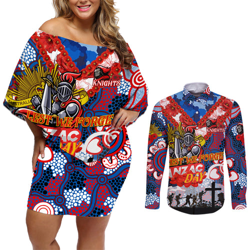 Personalised Knights ANZAC Day Couples Matching Off Shoulder Short Dress and Long Sleeve Button Shirt Aboriginal Rising Sun