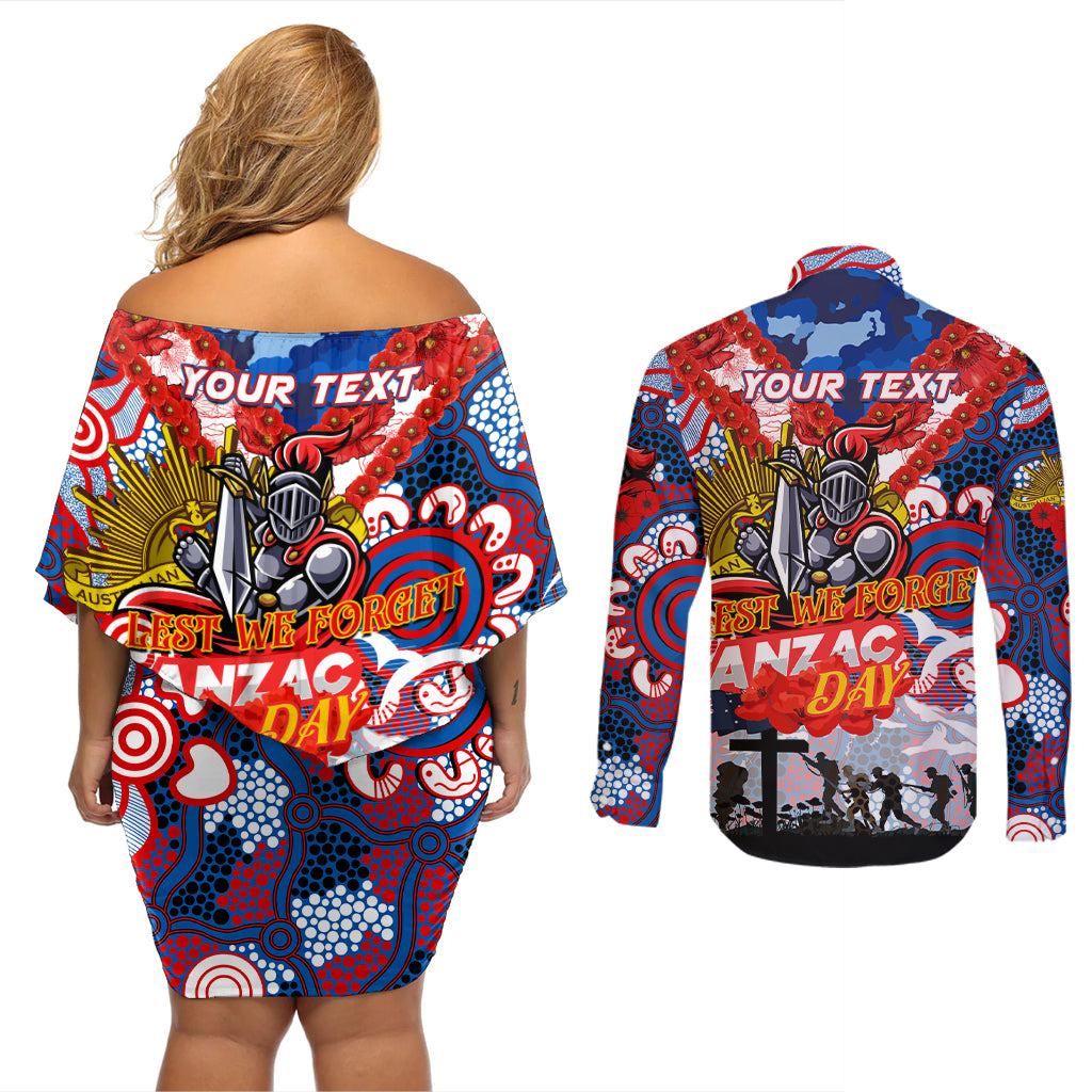 Personalised Knights ANZAC Day Couples Matching Off Shoulder Short Dress and Long Sleeve Button Shirt Aboriginal Rising Sun