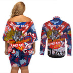 Personalised Knights ANZAC Day Couples Matching Off Shoulder Short Dress and Long Sleeve Button Shirt Aboriginal Rising Sun
