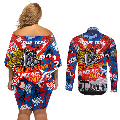 Personalised Knights ANZAC Day Couples Matching Off Shoulder Short Dress and Long Sleeve Button Shirt Aboriginal Rising Sun