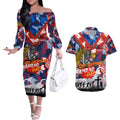Personalised Knights ANZAC Day Couples Matching Off The Shoulder Long Sleeve Dress and Hawaiian Shirt Aboriginal Rising Sun