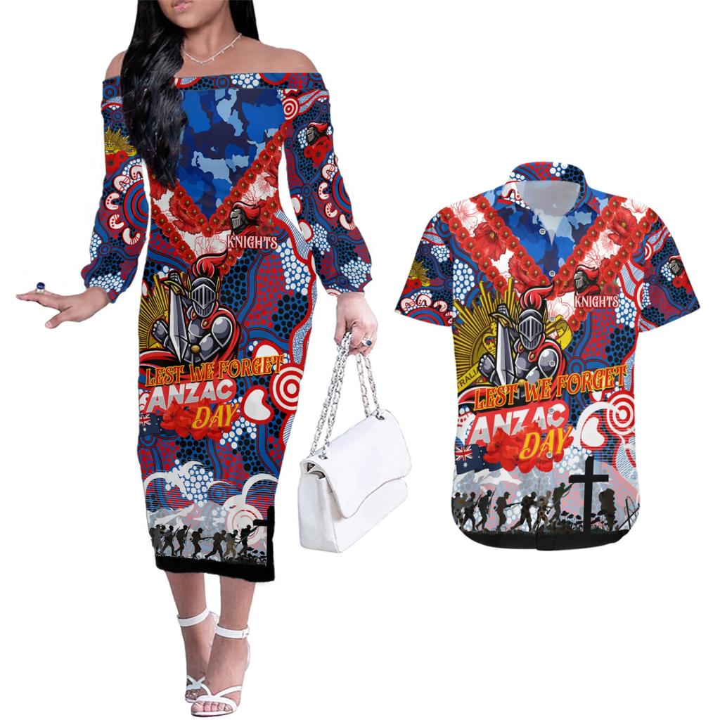 Personalised Knights ANZAC Day Couples Matching Off The Shoulder Long Sleeve Dress and Hawaiian Shirt Aboriginal Rising Sun