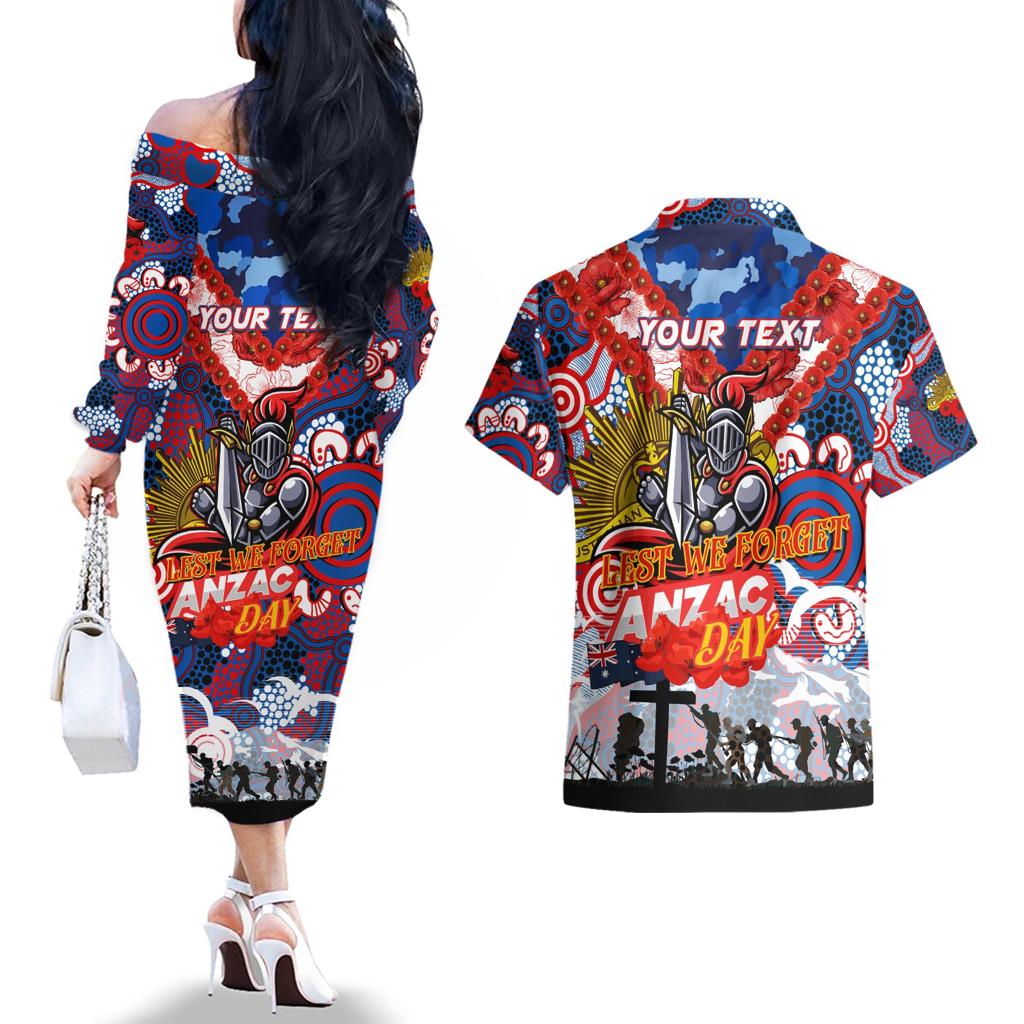 Personalised Knights ANZAC Day Couples Matching Off The Shoulder Long Sleeve Dress and Hawaiian Shirt Aboriginal Rising Sun
