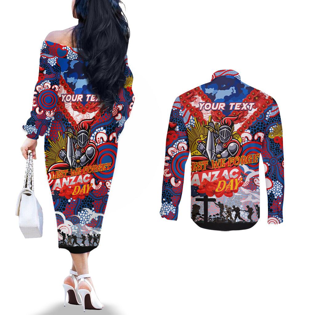 Personalised Knights ANZAC Day Couples Matching Off The Shoulder Long Sleeve Dress and Long Sleeve Button Shirt Aboriginal Rising Sun