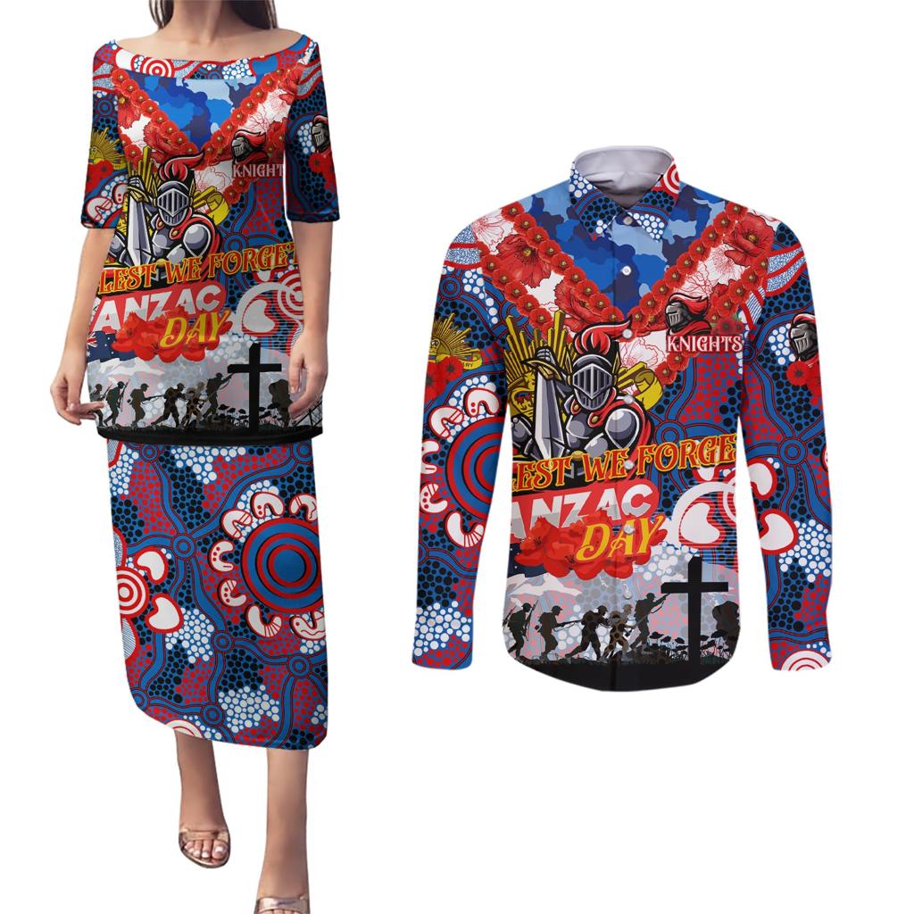 Personalised Knights ANZAC Day Couples Matching Puletasi and Long Sleeve Button Shirt Aboriginal Rising Sun