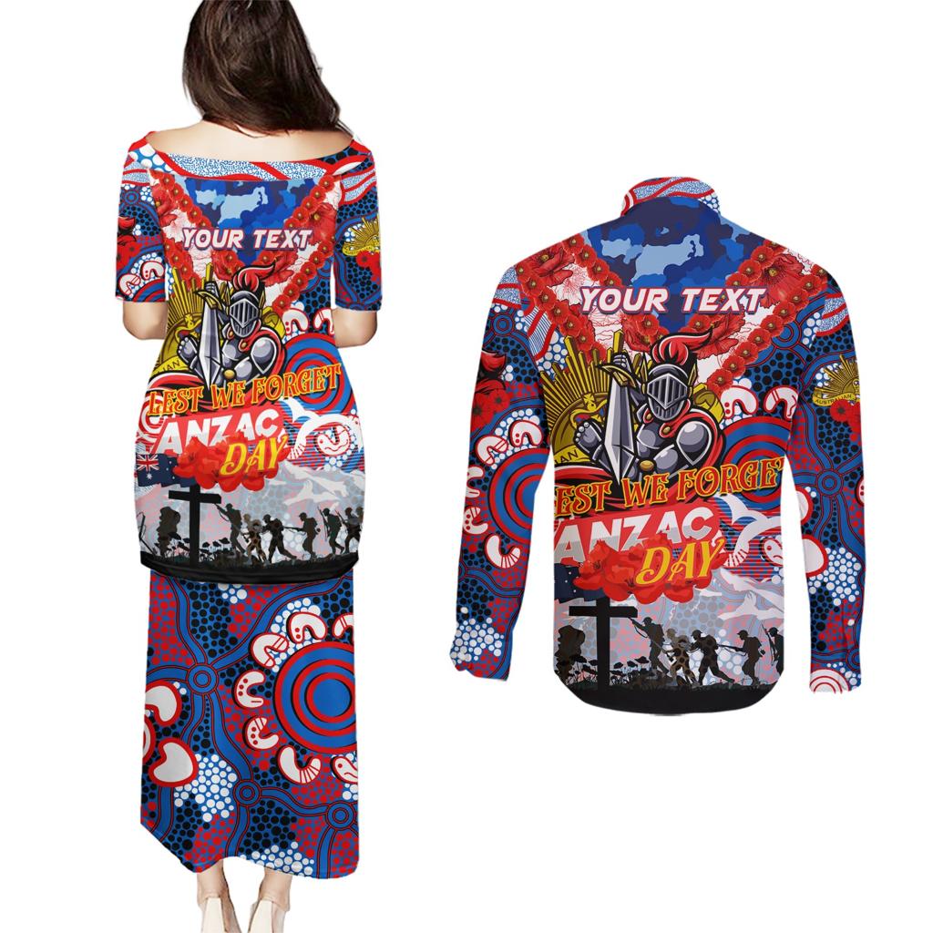 Personalised Knights ANZAC Day Couples Matching Puletasi and Long Sleeve Button Shirt Aboriginal Rising Sun