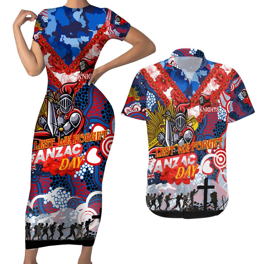 Personalised Knights ANZAC Day Couples Matching Short Sleeve Bodycon Dress and Hawaiian Shirt Aboriginal Rising Sun