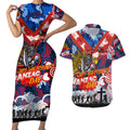 Personalised Knights ANZAC Day Couples Matching Short Sleeve Bodycon Dress and Hawaiian Shirt Aboriginal Rising Sun