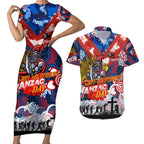 Personalised Knights ANZAC Day Couples Matching Short Sleeve Bodycon Dress and Hawaiian Shirt Aboriginal Rising Sun