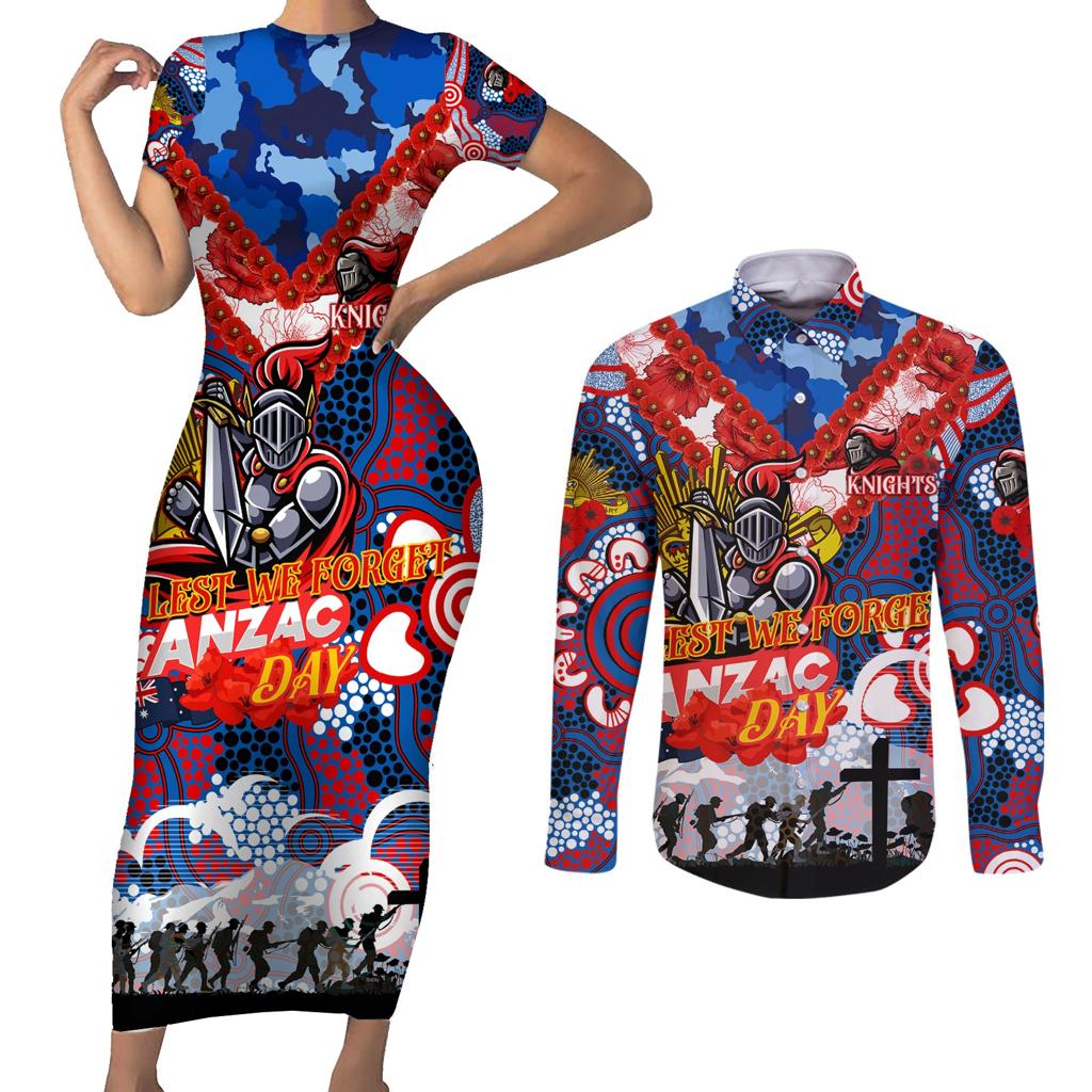 Personalised Knights ANZAC Day Couples Matching Short Sleeve Bodycon Dress and Long Sleeve Button Shirt Aboriginal Rising Sun
