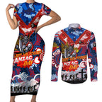 Personalised Knights ANZAC Day Couples Matching Short Sleeve Bodycon Dress and Long Sleeve Button Shirt Aboriginal Rising Sun