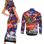 Personalised Knights ANZAC Day Couples Matching Short Sleeve Bodycon Dress and Long Sleeve Button Shirt Aboriginal Rising Sun