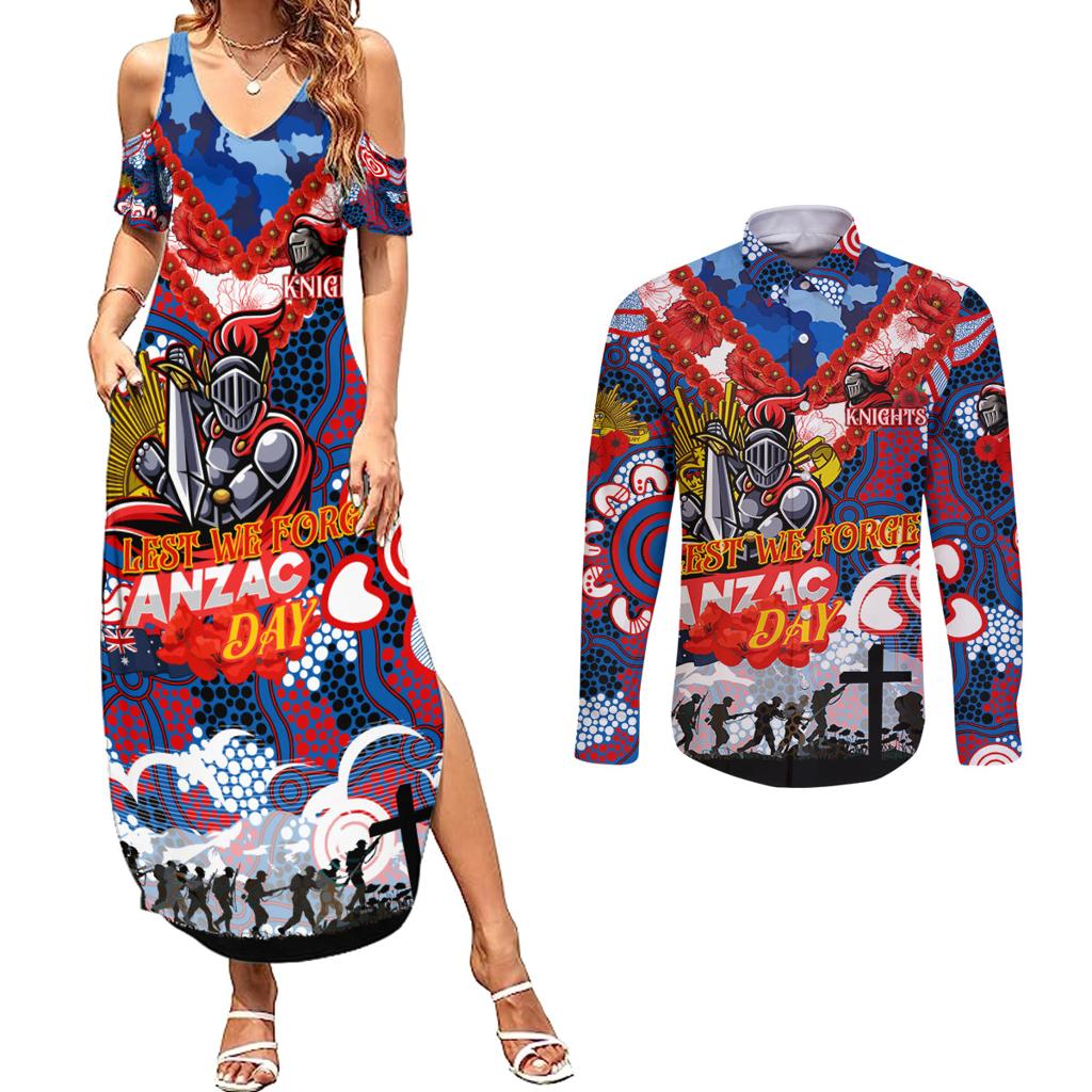 Personalised Knights ANZAC Day Couples Matching Summer Maxi Dress and Long Sleeve Button Shirt Aboriginal Rising Sun