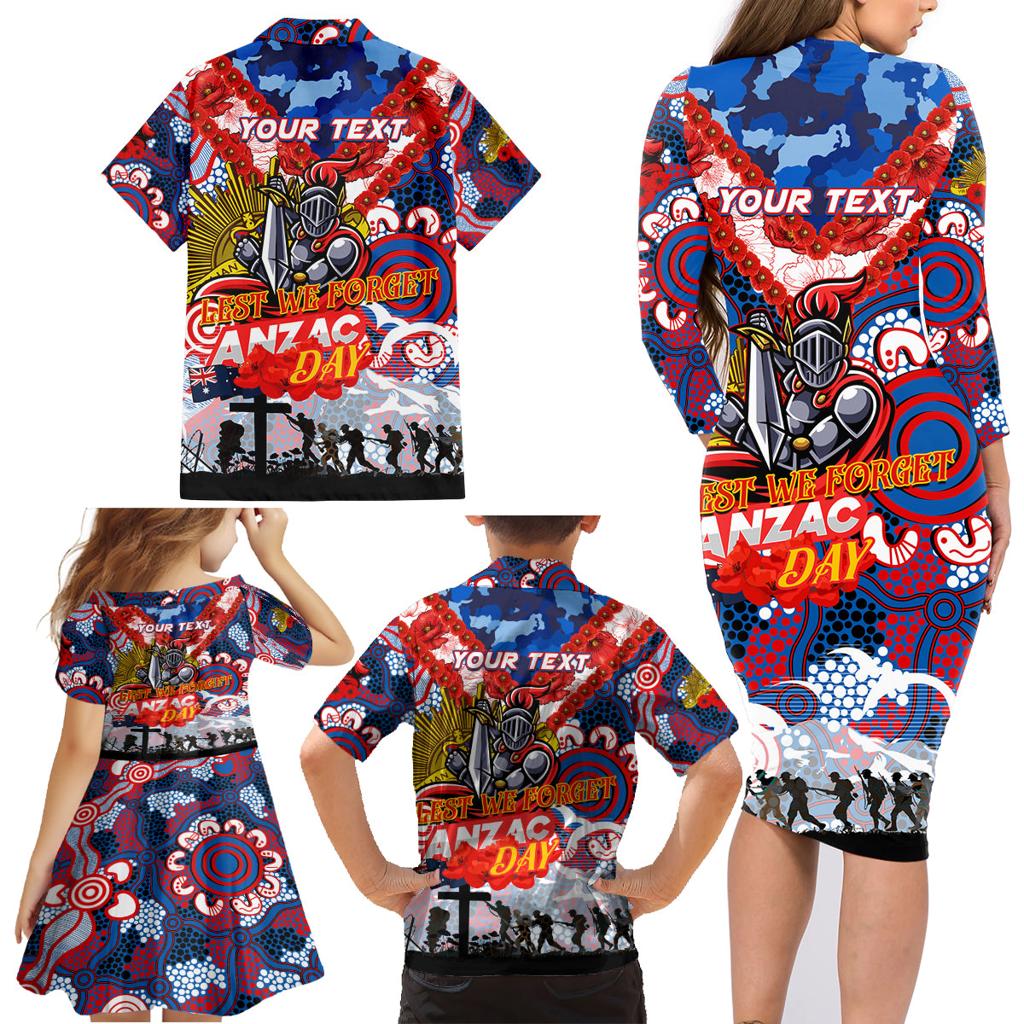 Personalised Knights ANZAC Day Family Matching Long Sleeve Bodycon Dress and Hawaiian Shirt Aboriginal Rising Sun